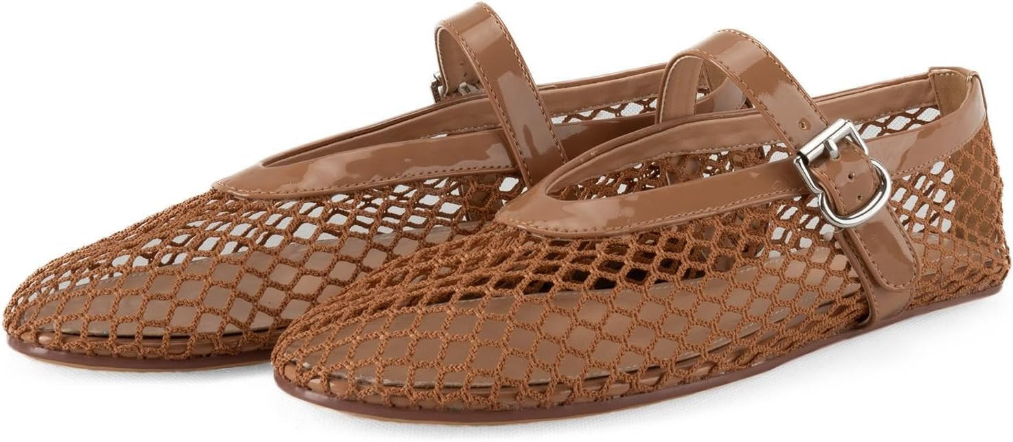 Gradinery Women's Mesh Ballet Flats,Fishnet Ballerina Buckle Strap Shoes,Mary Jane Flats Casual Comfortable Daily Dress Shoes Beige Size 7 | Amazon (US)