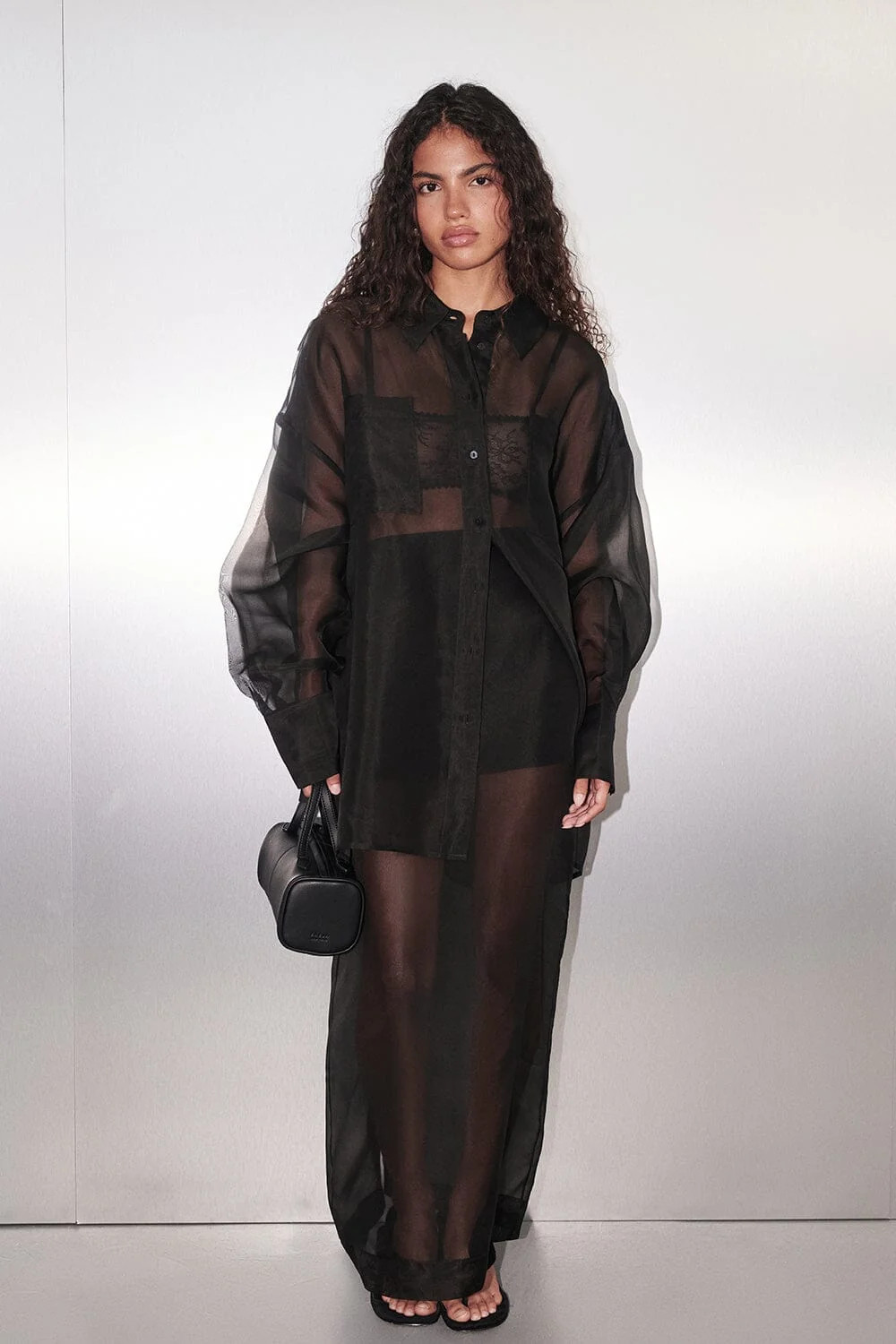 SIAN BLACK SILK ORGANZA MIDI SKIRT | DISSH