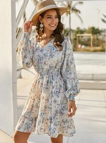 Shirred Waist Ruffle Hem Floral Dress | SHEIN