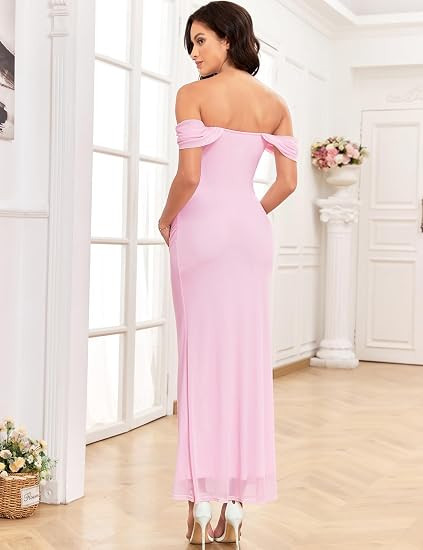 AISWI Women's Maternity Off The Shoulder Maxi Dress Mesh Ruched Bodycon Pregnancy Dresses Baby Sh... | Amazon (US)