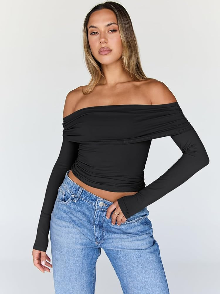 Trendy Queen Women Long Sleeve Shirts Off Shoulder Tops Going Out Crop Sexy Slim Fitted Y2K Fall ... | Amazon (US)
