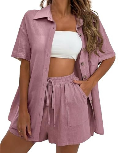QIBABU Women's Linen Shorts Sets 2 Piece Summer Short Sleeve Top and Shorts Sweatsuit Set Vacation Beach Outfits(1521-Pink-XXL-QB) | Amazon (US)