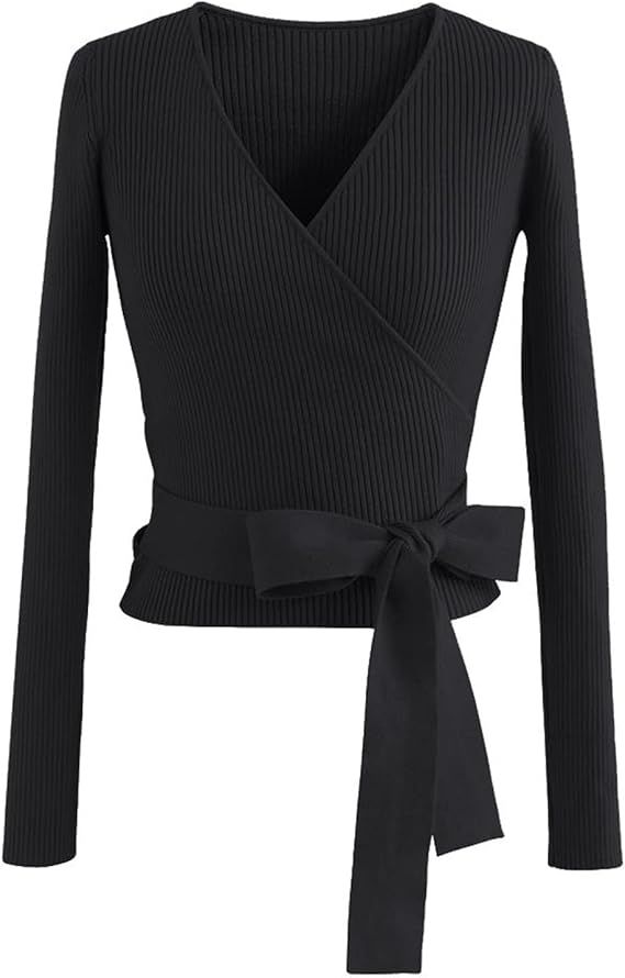 CHICWISH Women's Black/Lilac V-Neck Tie-Waist Bowknot Wrap Knit Top | Amazon (US)