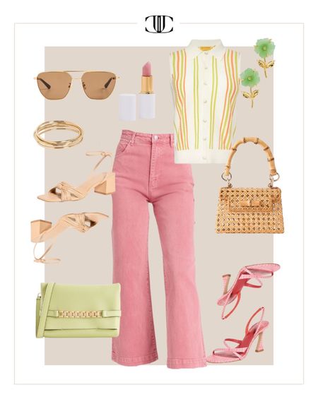 This look is so fun and refreshing. I love the subtle hint of green running through the vest. 

Spring outfit, summer outfit, denim pants, vest, sunglasses, vacation outfit, sandals 