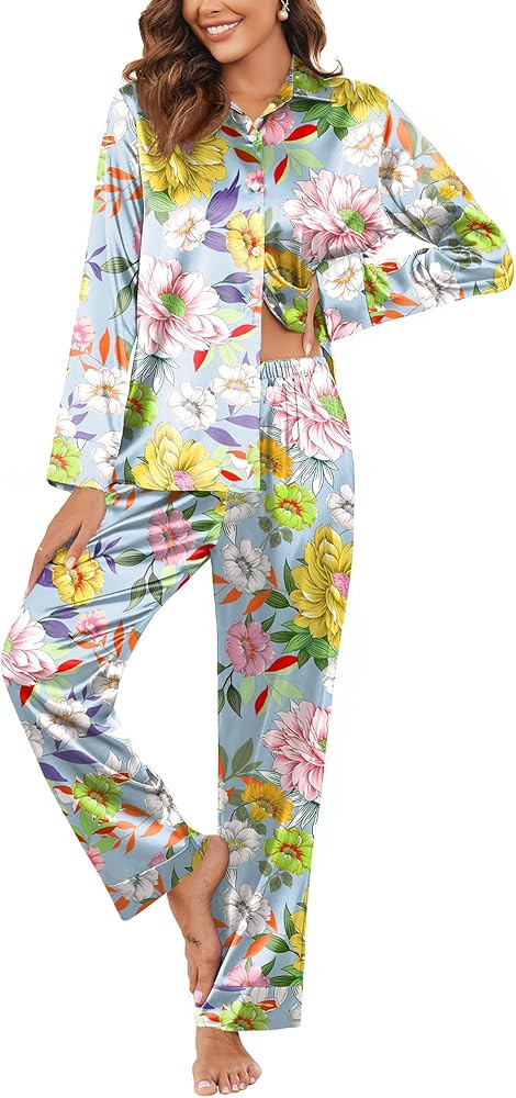 Ekouaer Women Satin Silk Pajamas Classic Long Sleeve Button Down Pjs Set Soft Loungewear | Amazon (US)