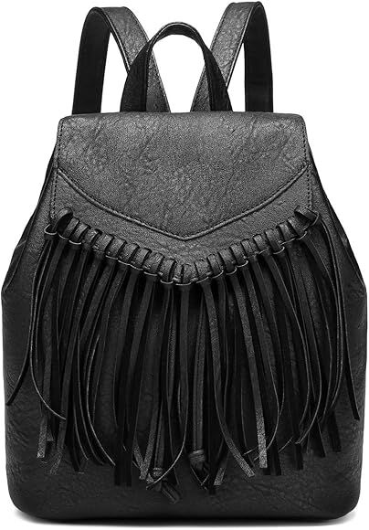 Hearty Trendy Faux Leather Fringe Flap Backpack -Black | Amazon (US)
