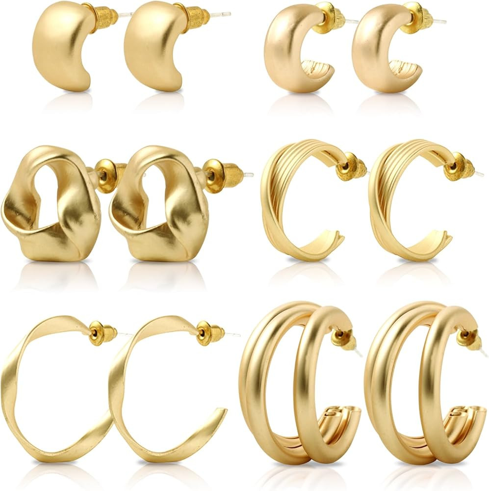 RoGiaMt 6 Pairs Gold Hoop Earrings Set for Women, 14K Gold Plated Lightweight Hypoallergenic Chun... | Amazon (US)