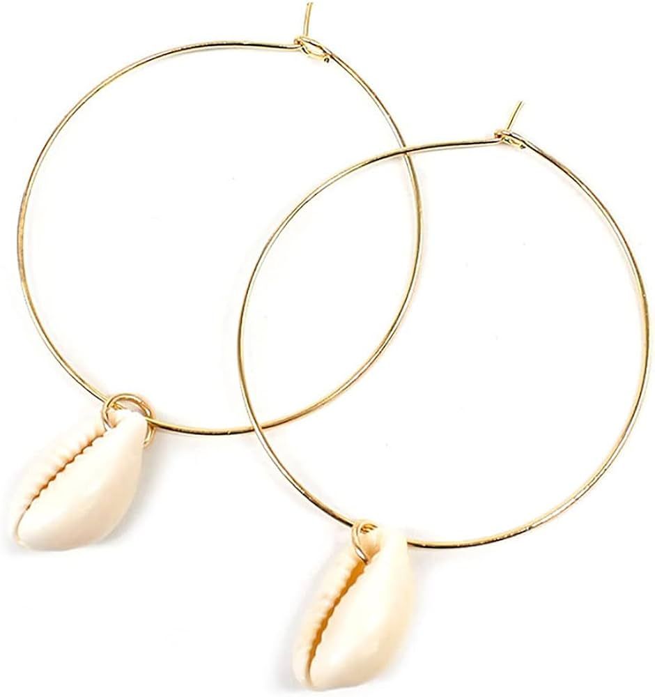 Andelaisi Boho Sea Shell Drop Dangle Earrings Gold Cowrie Huggie Hoop Earrings Big Hollow Circle ... | Amazon (US)