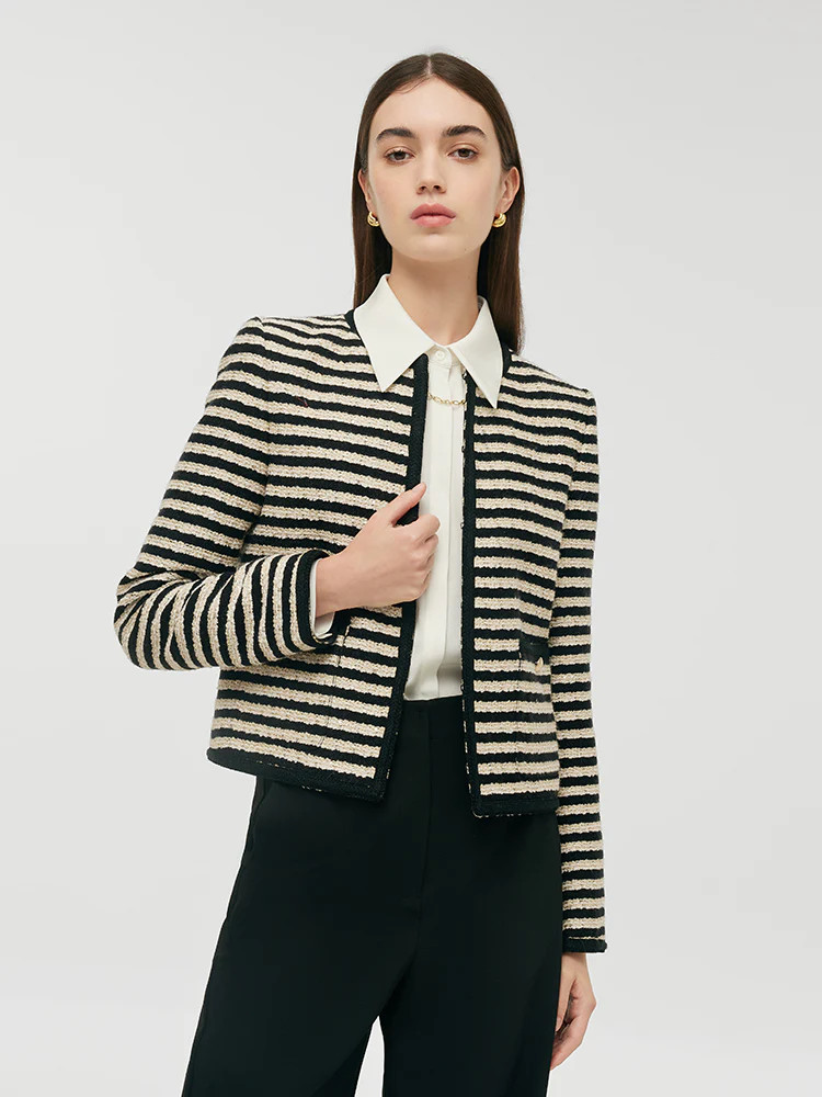 Wool Blend Black And White Stripe Tweed Women Crop Jacket | GOELIA