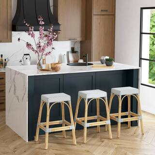 Robia's 30 in. White and Sky-Blue Dot Rectangular Rattan Bar Stool (Qty 1) | The Home Depot