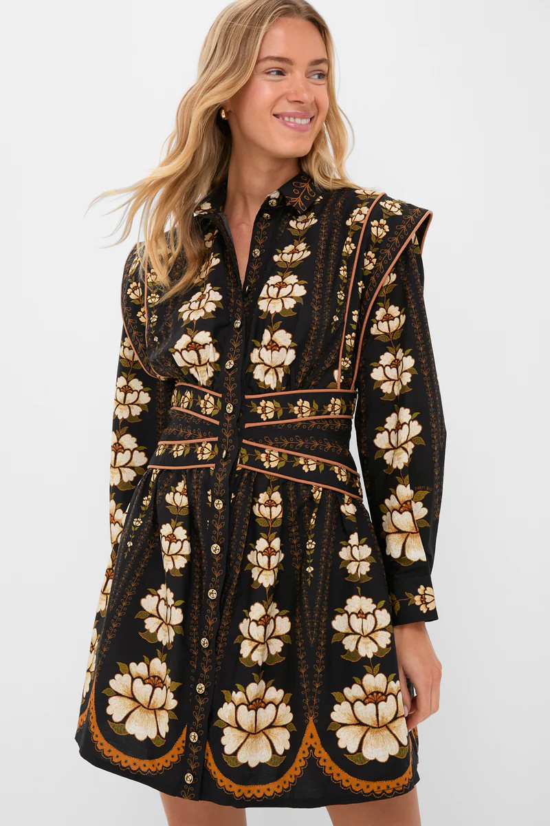 Black Embroidered Flowers Topstitching Long Sleeve Mini Dress | Tuckernuck (US)