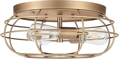 Cartaro 3 Light Industrial Vintage Cage Ceiling Light | Antique Brass Flush Mount Light Fixture w... | Amazon (US)