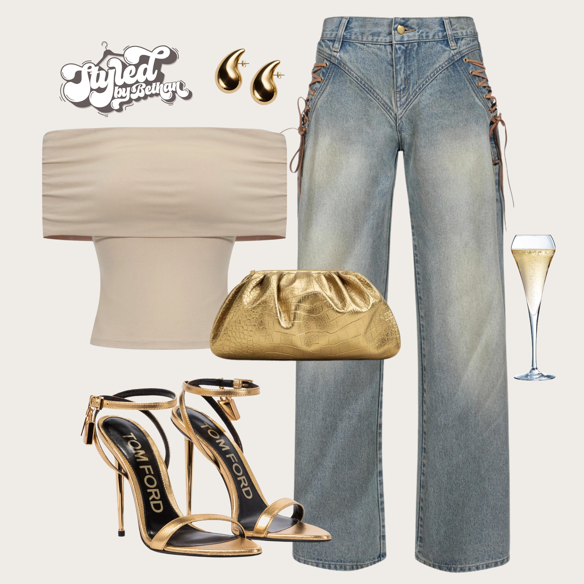 🪐🪐🪐 tags: the kript lace up straight leg jeans, the kript off the shoulder beige top, tom Ford gold heels, sheingold clutch bag, botegga gold earrings. Night out, day drinks, bottomless brunch, dinner and drink outfit inspiration inspo for city break. 

#LTKstyletip #LTKbag #LTKshoes