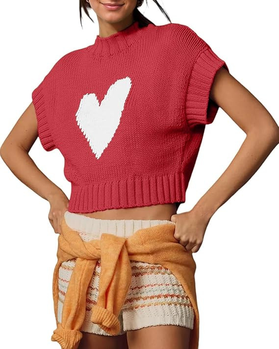 Tanou Womens Cap Sleeve Sweater Vest Mock Neck Crop Sweaters Causal Heart Knit Rib Hem Pullover L... | Amazon (US)
