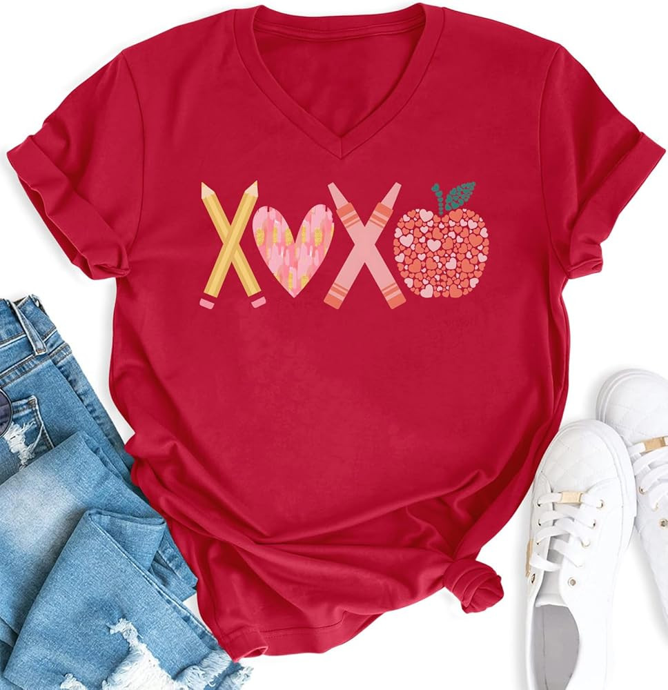 Teacher Valentines Day Shirt V Neck Candy Heart Shirts Valentine Gifts Short Sleeve Tee Tops | Amazon (US)
