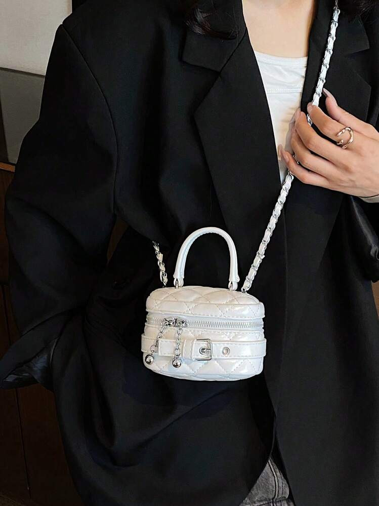 2024 New Embroidery Thread Mini White Handheld, Shoulder/Crossbody Bag With Leather Buckle And Zi... | SHEIN