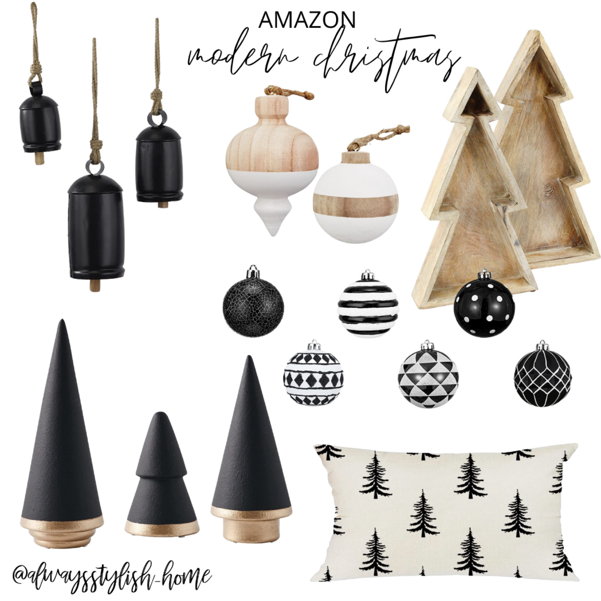 Amazon modern black Christmas decor, black bells, wood and white ornaments, wood Christmas tree, black white ornaments, black Christmas tree decor, Christmas pillow, holiday decor

#LTKhome #LTKHoliday