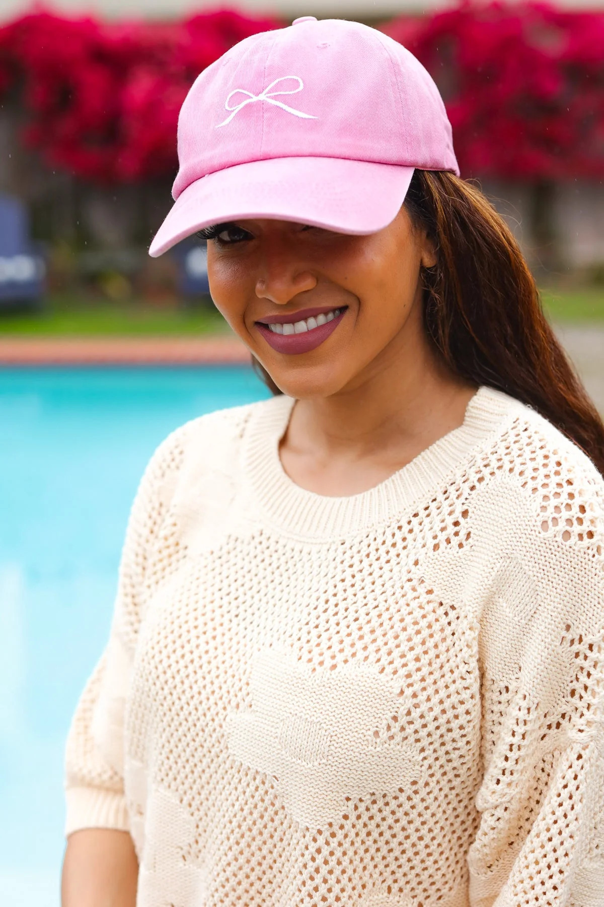 Pink Embroidered Bow Baseball Cap One Size Fits All | Casual Chic Boutique