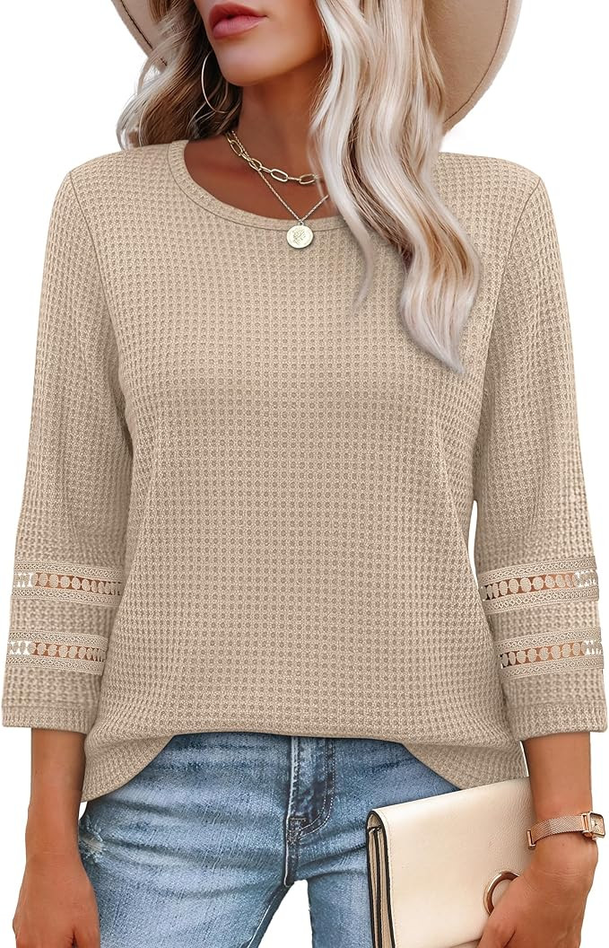 OFEEFAN Womens Tops Dressy Casual 3/4 Length Sleeve Shirts Spring Summer Plus Size Lace Crochet B... | Amazon (US)