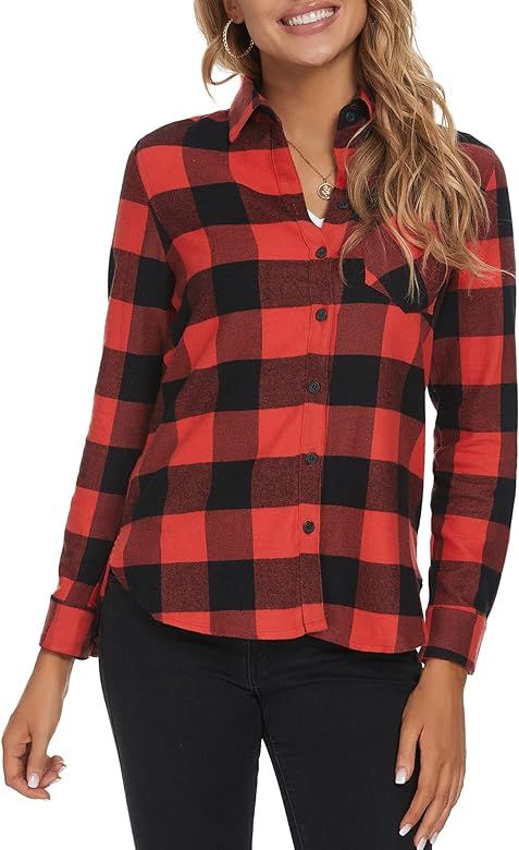 Flannel Plaid Cotton Shirt for Women Long Sleeve Button Down Casual Blouse | Amazon (US)