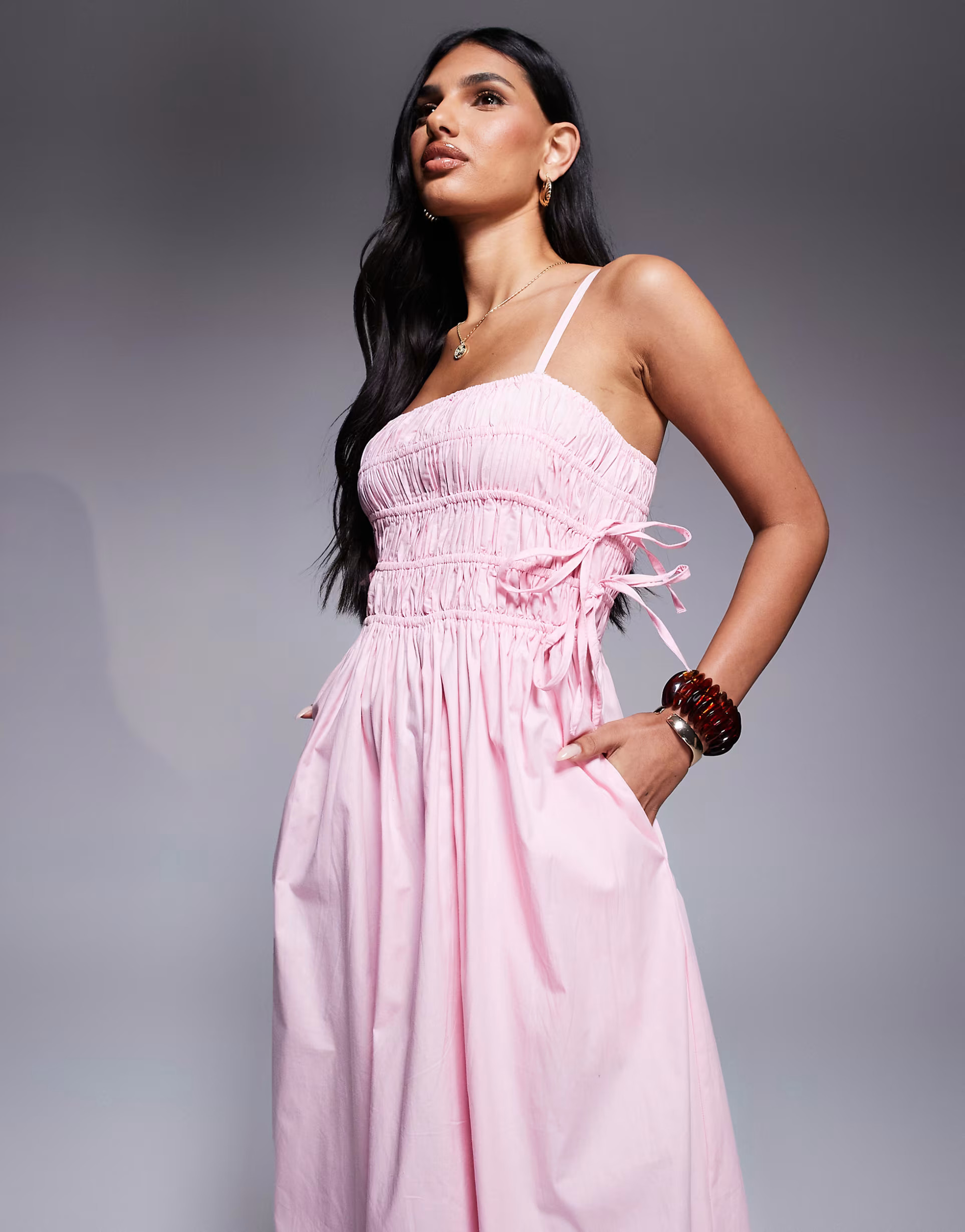 River Island shirred strappy midi dress in pink | ASOS | ASOS (Global)