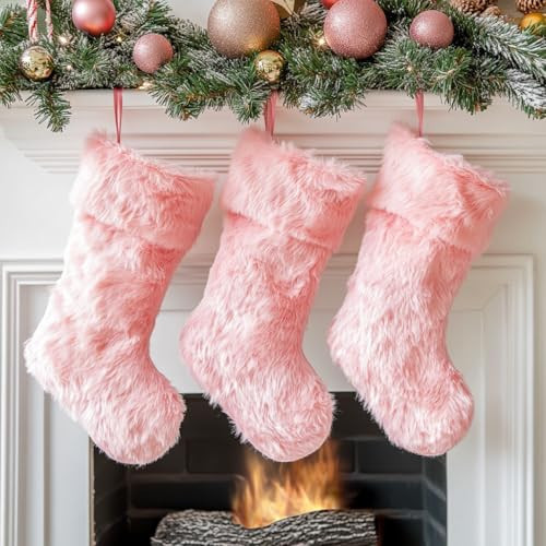 AISENO 3 Pack 18 Inch Christmas Stockings Pink Faux Fur Hanging Ornaments Candy Gift Bags for Christmas Decorations | Amazon (US)
