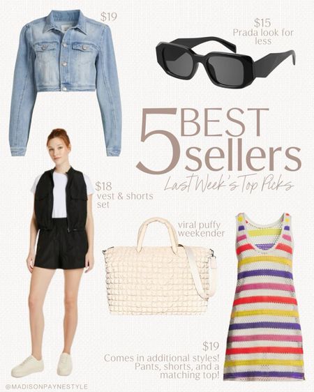 $19 WALMART swimsuit coverup was a best seller last week 🥰 it comes in additional styles as well! The cropped denim jacket is only $19, perfect as we transition to warmer weather. The Amazon sunglasses are only $15, and they are a Prada sunglasses look for less (Prada pair is $433)! The vest and shorts set is made of nylon, perfect for outdoors and only $18 (I sized up to a medium). And lastly the viral puffy weekender! 

Walmart, walmartoutfit, walmartfashion, walmartstyle, walmartfinds, amazon, sunglasses, swimsuit coverup, weekender tote, Madison Payne 

#LTKSeasonal #LTKfindsunder50 #LTKstyletip