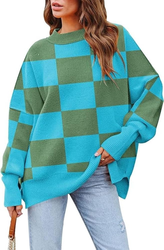 Women Casual Plaid Sweater Crewneck Batwing Sleeve Side Slit Ribbed Knit Pullover Tops | Amazon (US)
