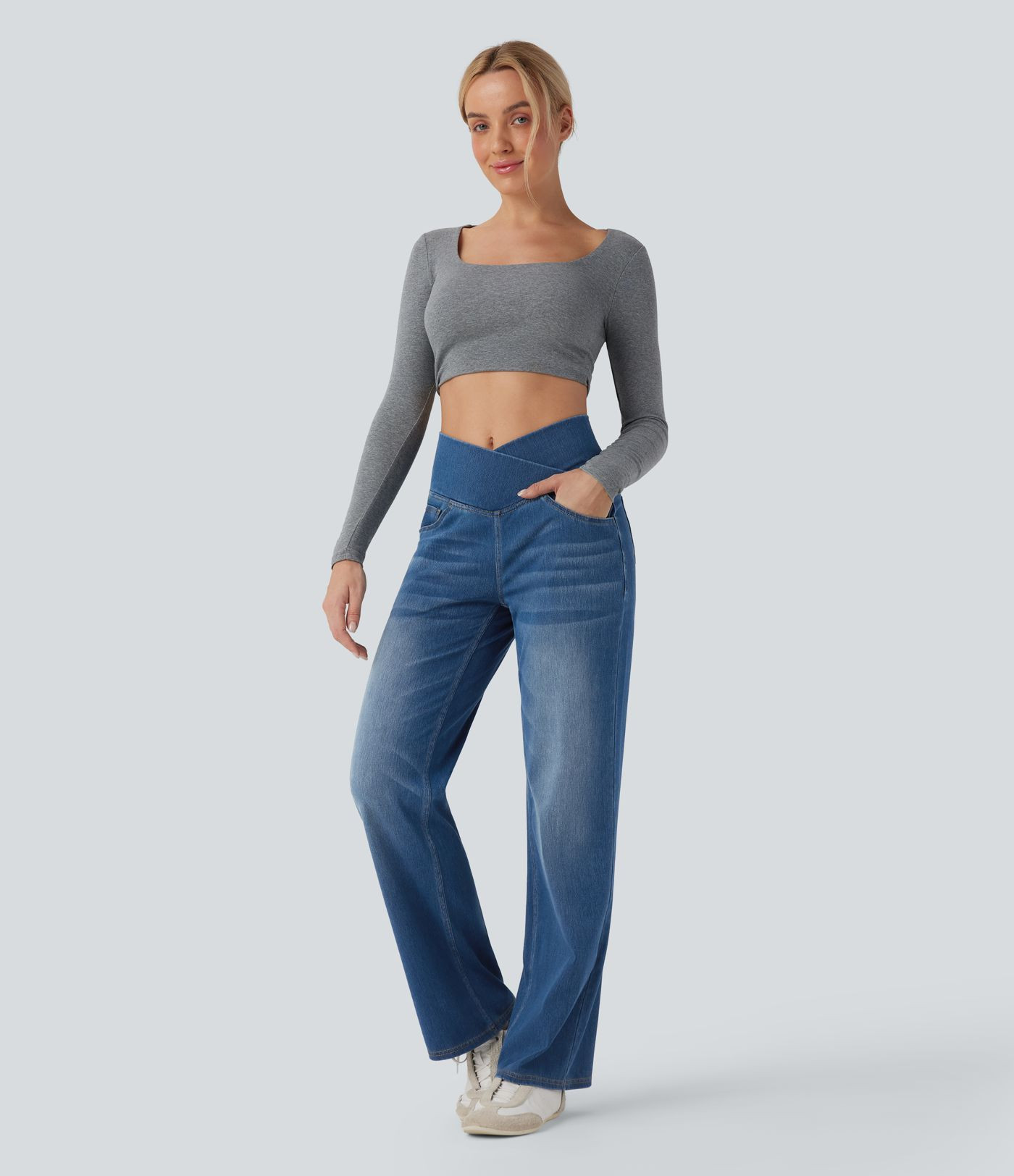 Halara Flex\u2122 Crossover High Waisted Tummy Control Casual Straight Leg Jeans with Pockets | HALARA