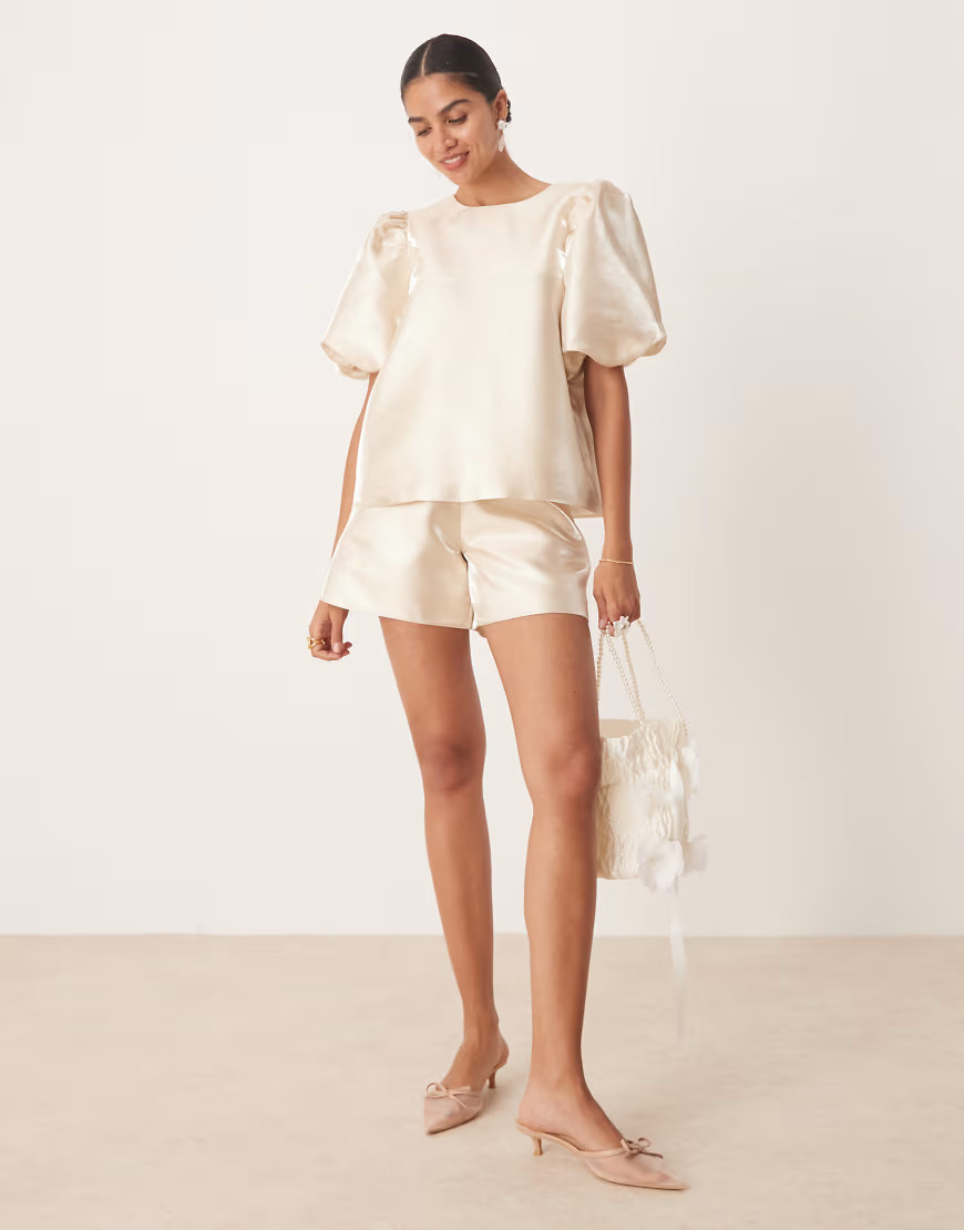 Amy Lynn high shine a-line tailored shorts co-ord in stone-Neutral | ASOS (Global)