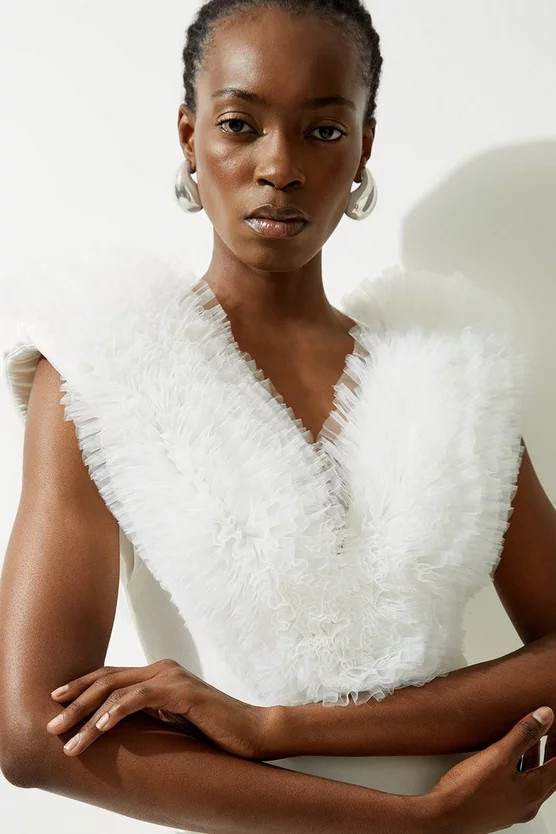 Figure Form Bandage Knit Tulle Detail Midi Dress | Karen Millen | Karen Millen UK + IE + DE + NL