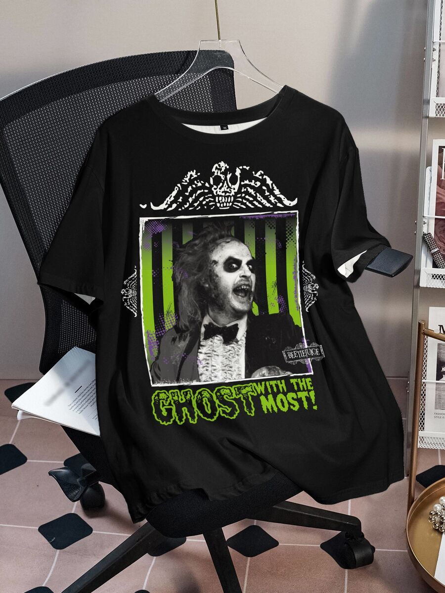 Beetlejuice X SHEIN Plus Size Dark Hip Hop Character Graphic Print Crew Neck Short Sleeve T-Shirt | SHEIN