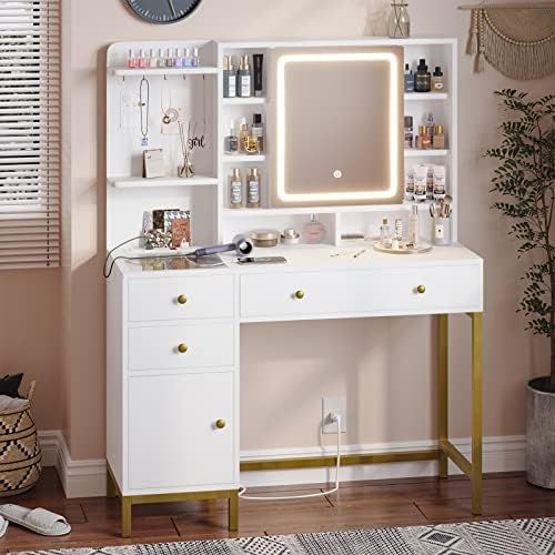 Makeup Vanity with Lights, Vanity Desk with Openable Mirror & 3-Color Dimmable, White Vanity Tabl... | Amazon (US)