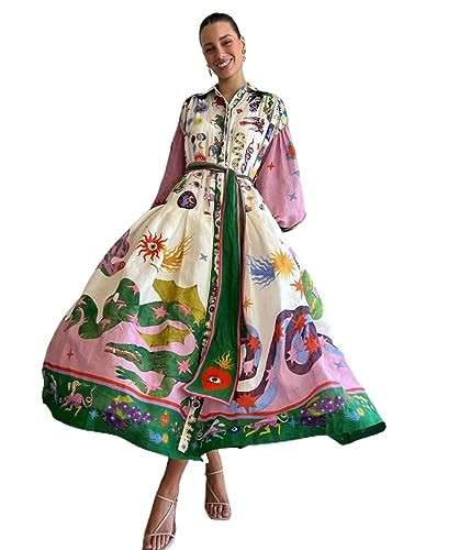 Oversized Polo Neck Printed Dress with Retro French Court Style Pleated Long Sleeved Loose Fittin... | Amazon (US)