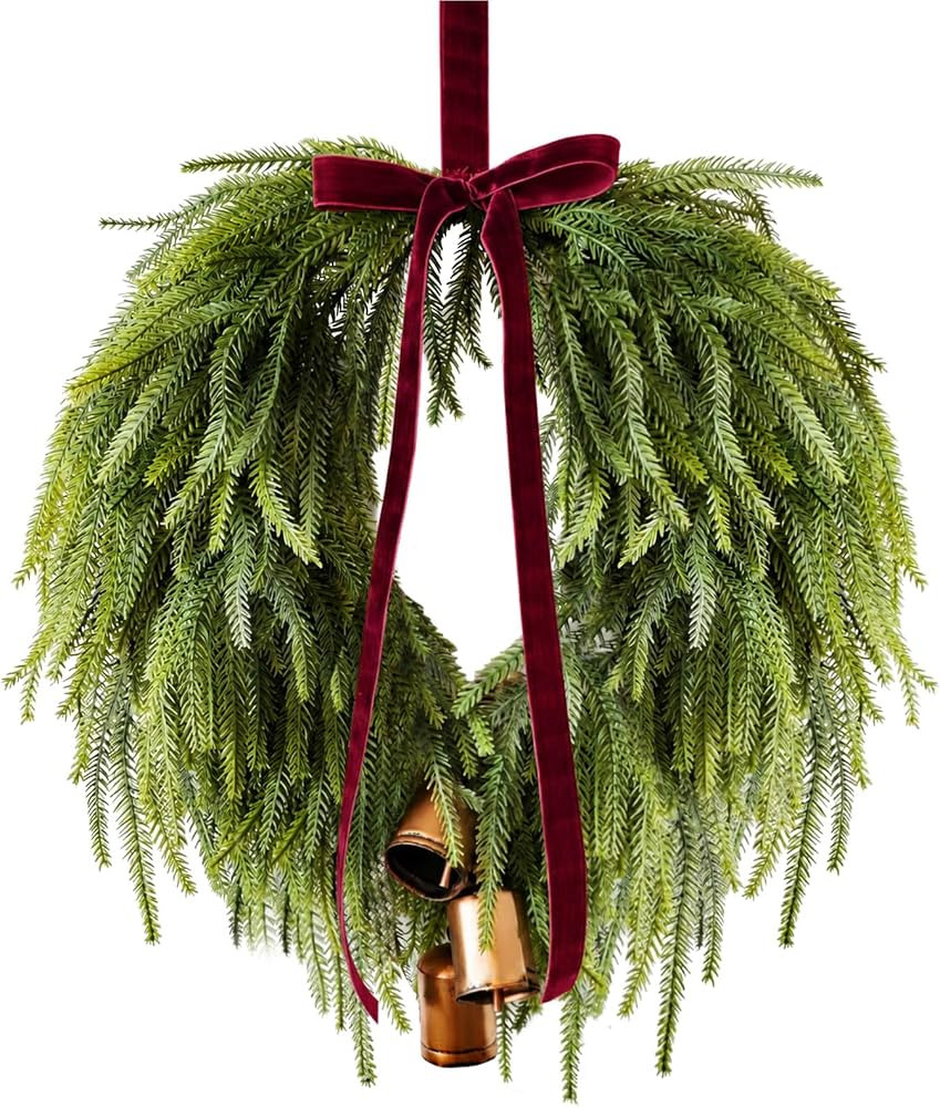 24\u201d Christmas Wreaths for Front Door, Norfolk Pine Wreath Bow Bells | Amazon (US)