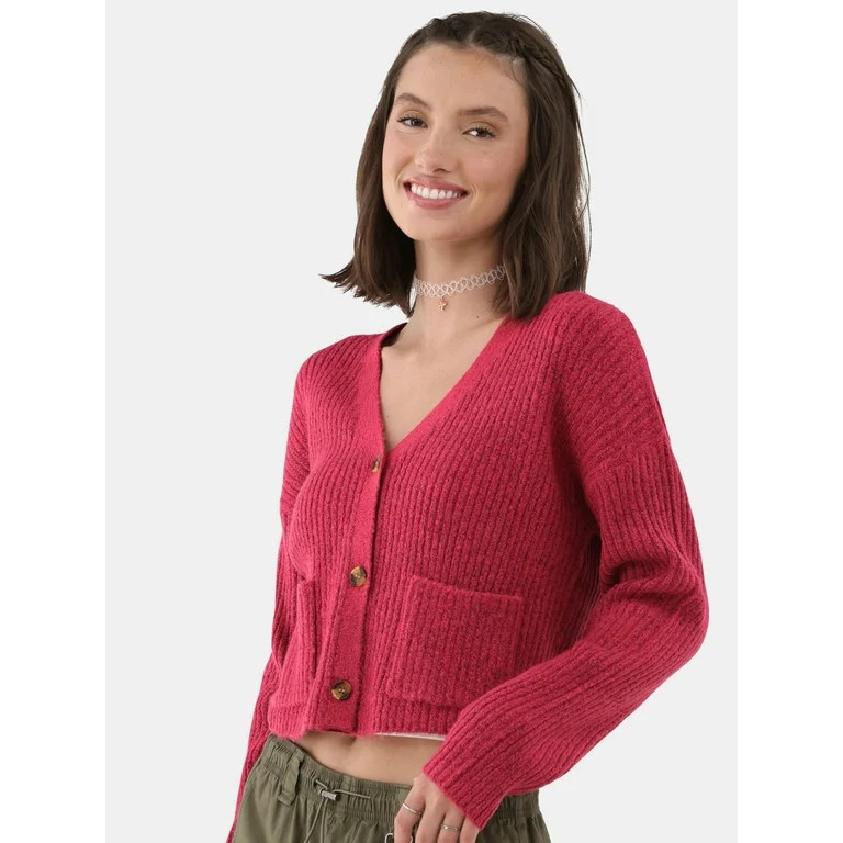 No Boundaries Button Front Ribbed Cardigan Sweater, Midweight, Women’s | Walmart (US)