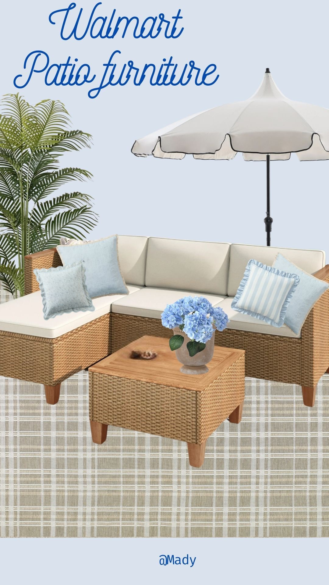 Complete the look for LESS THAN $700 Blue & white patio mood board from Walmart 💙🤍 Affordable outdoor furniture and decor to create a cozy, coastal-inspired backyard. Featuring neutral seating, crisp white accents, and calming blue tones—perfect for spring & summer outdoor living. ☀️🌿

Shop these Walmart patio finds for budget-friendly outdoor furniture, patio decor ideas, backyard inspiration, and coastal style vibes.  #LTKHome #WalmartFinds #PatioFurniture #OutdoorDecor #BackyardInspo #AffordableHome