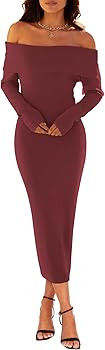 MEROKEETY Women's Fall Off Shoulder Bodycon Sweater Dress 2025 Formal Long Sleeve Elegant Club Pa... | Amazon (US)