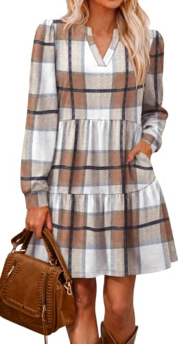 OFEEFAN Fall Dresses for Women V Neck Long Sleeve Tiered Dress with Pockets | Amazon (US)