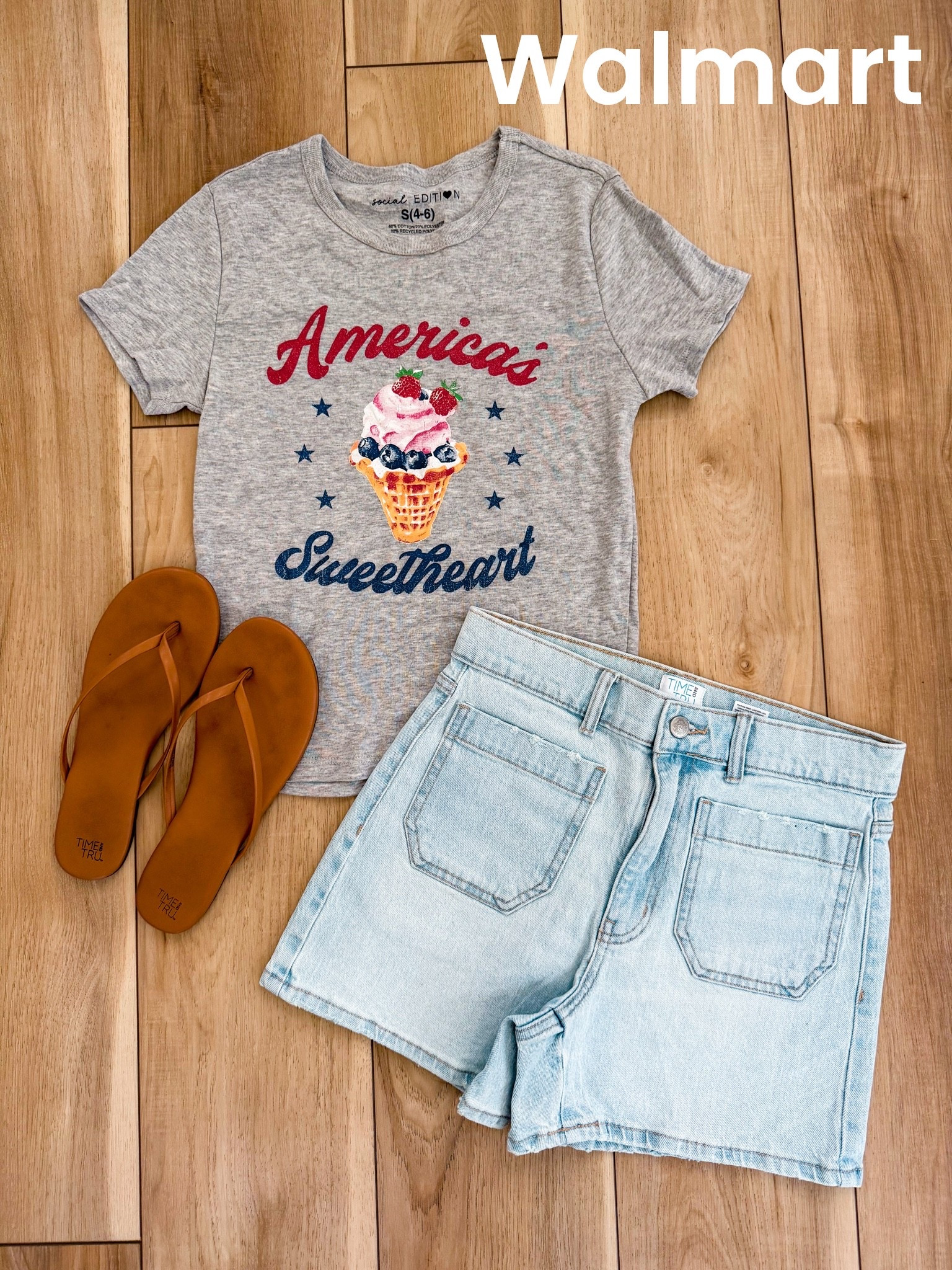 Walmart $7 tee! Soft stretchy 
Denim shorts tts 
Shoes tts

#LTKgrwm #LTKootd #LTKmomlife