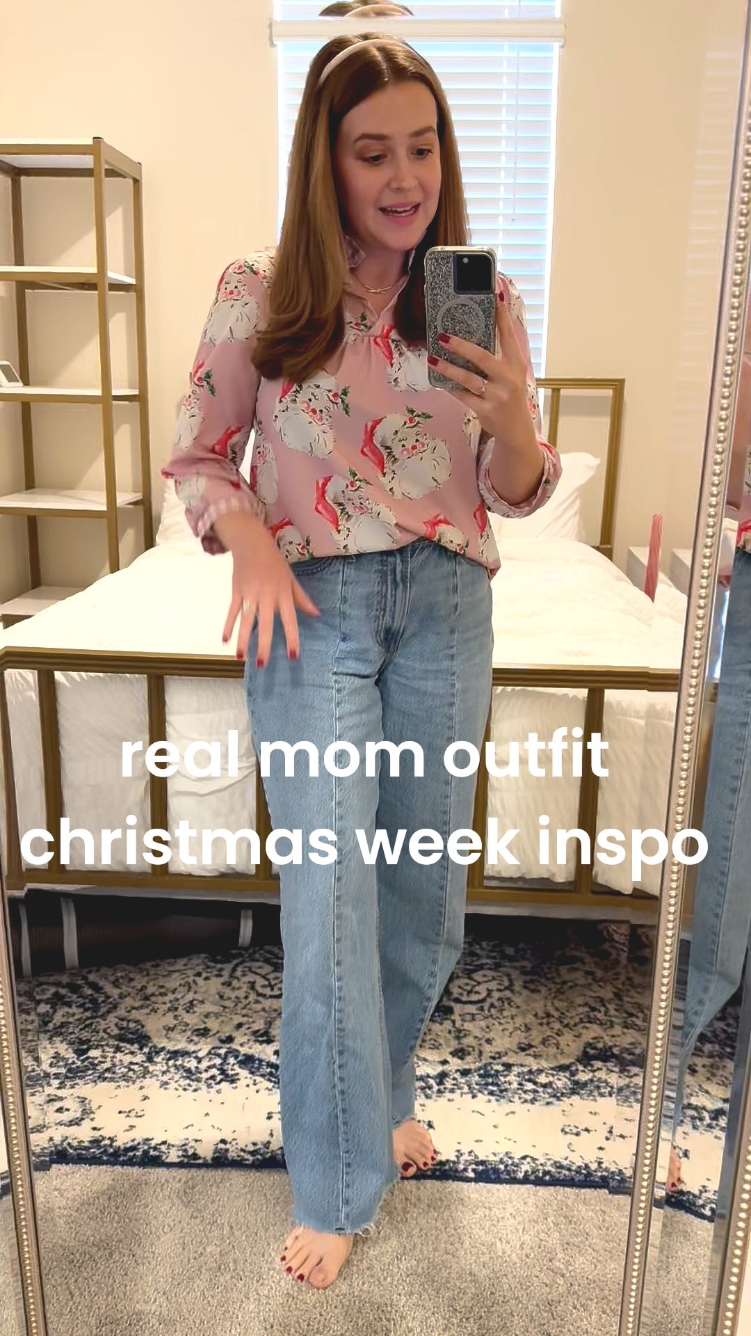This mom outfit is perfect for the week between Christmas and New Year’s and is holiday party friendly. The blouse is incredibly flattering and floaty and I recommend sizing down if you are between sizes. These jeans are my favorite for postpartum because they’re relaxed in the hips and legs, but create a defined waste without Being too tight.

I’m wearing a size small in the blouse and a size 28 in the jeans 

#LTKootd #LTKmomlife #LTKHoliday