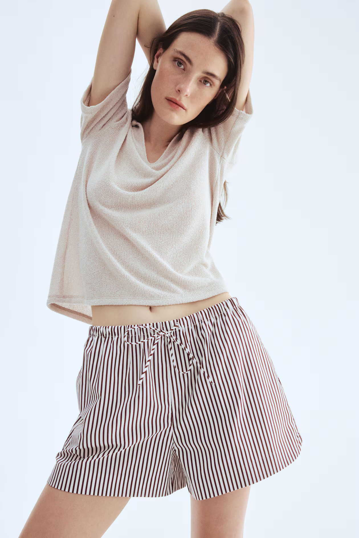 Cotton Shorts with Drawstring - White/dark brown striped - Ladies | H&M US | H&M (US + CA)