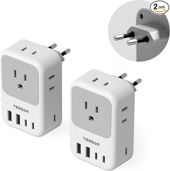 TESSAN European Travel Plug Adapter 2-Pack, US to EU Outlet Adaptor with 4 AC Outlets & 5 USB Por... | Amazon (US)