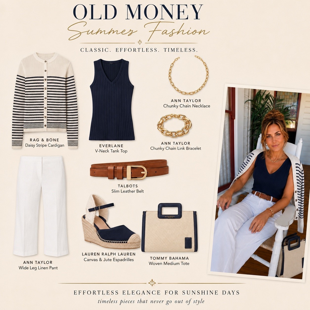 Classic never goes out of style. 🤍⚓️

If you love effortless coastal elegance and timeless “old money” style, this is one of my favorite summer combinations. Crisp white linen, rich navy basics, woven textures, gold jewelry, and classic accessories create a polished look you’ll reach for year after year.

I’ve linked every piece (or the closest match) so you can recreate this entire outfit with ease. These are versatile wardrobe staples that work for brunch, vacation, date nights, coastal weekends, and everyday elevated style.

✨ Save this look for your next shopping trip!

#OldMoneyStyle #CoastalGrandmother #QuietLuxury #ClassicStyle #SummerWardrobe