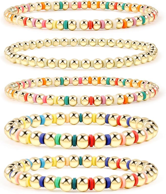 CONRAN KREMIX Gold Beaded Bracelets For Women 14K Gold Plated Bead And Heishi Clay Bead Stackable... | Amazon (US)