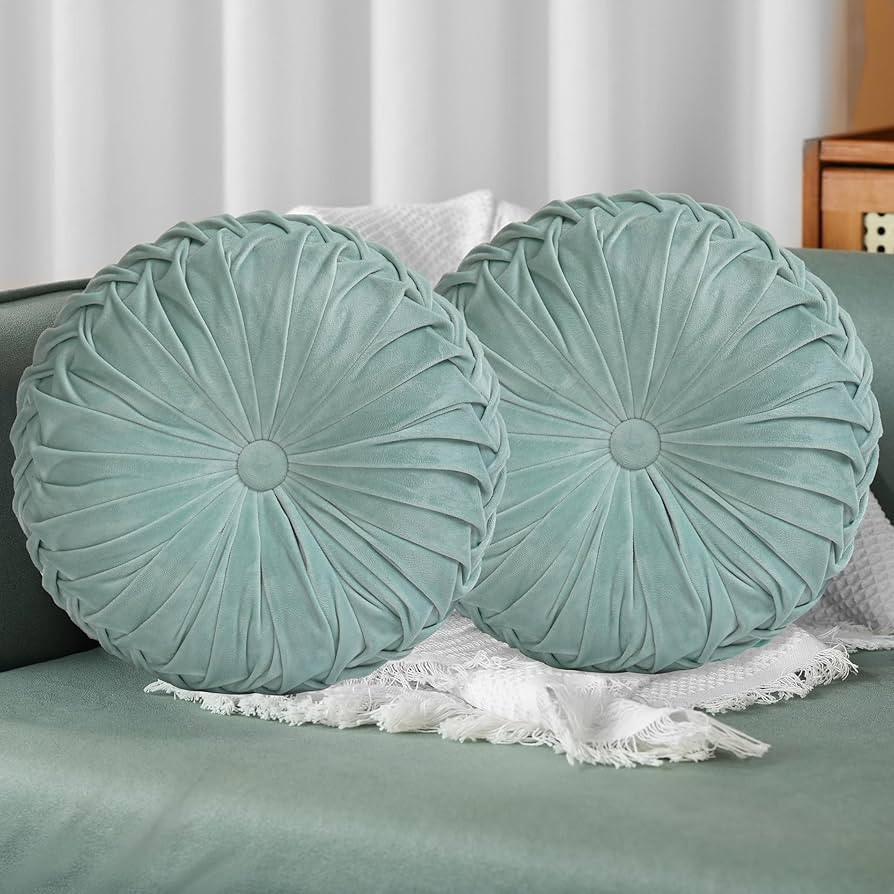 HIG Set of 2 Aqua Ruched Velvet Round Throw Pillows – 14.5’’ Decorative Pillows with Soft P... | Amazon (US)