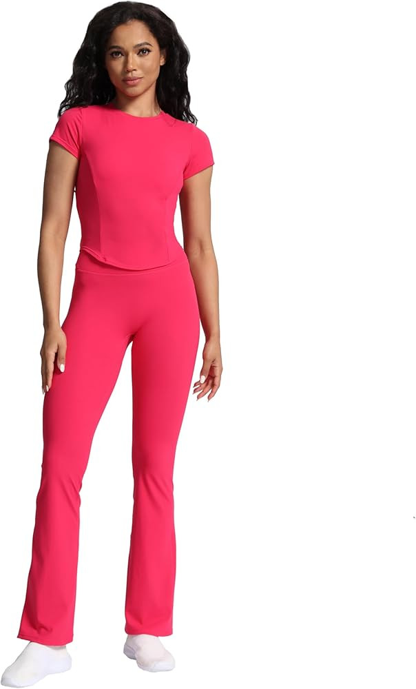 Aoxjox Women's Short Sleeve T-Shirts GEO Support Workout Gym Yoga Curve Longline Crop Top | Amazon (US)