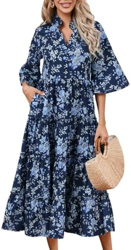 Women's Floral Ruffle Midi Dress V Neck Bell Sleeve Flowy Tiered Long Dress | Amazon (US)
