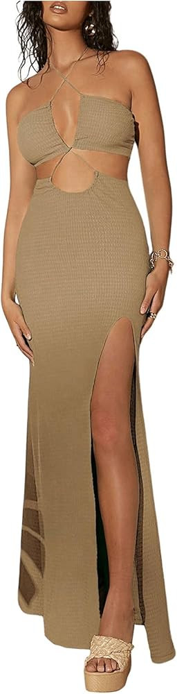 MakeMeChic Women's Sleeveless Criss Cross Halter Dress Cut Out High Waisted Split Thigh Maxi Sund... | Amazon (US)