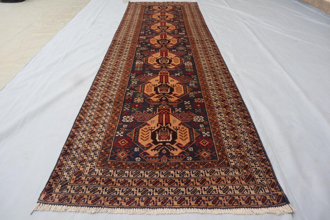 Vintage Afghan 10 Ft Runner Rug/ Geometric Handmade Soft Wool Rug/ Oriental Turkmen Tribal Navy B... | Etsy (US)